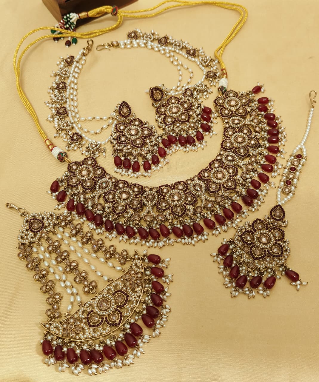 Beautiful Premium Quality Reverse Ad Stone Work Pakistani Necklace With Bahubali Earrings And Tika w